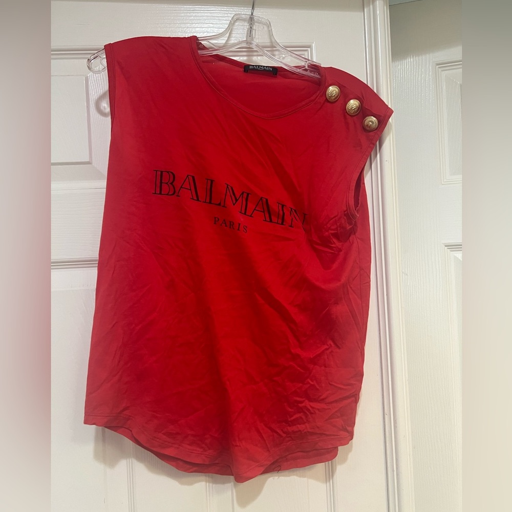 Balmain Red Muscle Tee with Gold Buttons